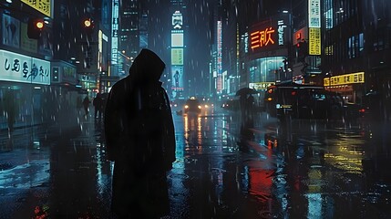 a neon cyberpunk city at night, with glowing holograms reflecting on wet streets, futuristic skyscrapers towering