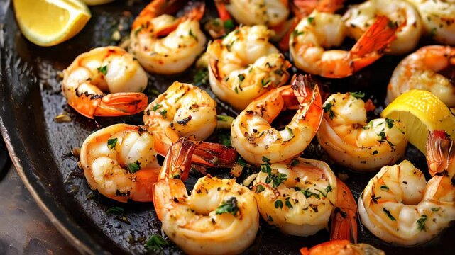 Collection of Footage "Shrimps roasted in a pan with lemon and garlic on a dark rustic background"