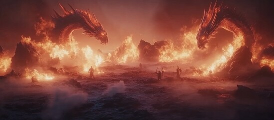 Two massive dragons emerge from fiery mountains, while silhouetted figures face the blaze