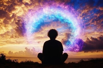 Silhouette of young male gazing at ethereal cosmic vortex during sunset