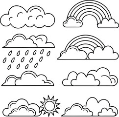 Weather Icons Clouds, Rain, Sun, Rainbow, Line Art, Simple Drawings