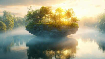 Misty Sunrise Over Floating Island