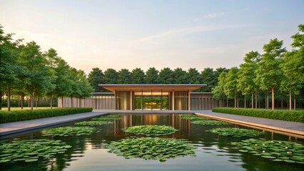 Obraz premium Modern Architectural Design of Tranquil Space Surrounded by Lush Greenery and Water Feature
