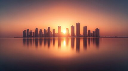 Fototapeta premium Dubai Marina's skyline at sunset, with skyscrapers reflecting the warm glow of the setting sun.