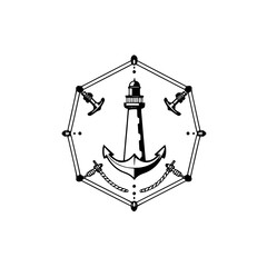 A minimalist nautical design featuring an anchor, lighthouse, and small ship wheels, framed within a polygon.