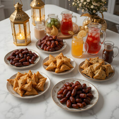 Delicious ramadan iftar feast dates samosas festive table setting food on transparent background