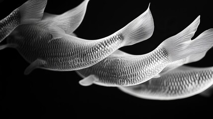 Elegant fish swim gracefully in a black and white photo. The details of their scales and fins are clear against the contrasting background.