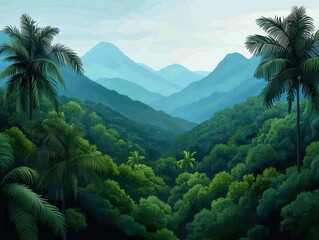 Fototapeta premium A serene landscape featuring lush green mountains, dense forests, and distant peaks under a soft sky, evoking tranquility and natural beauty.
