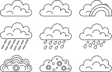 Weather Icons Clouds, Rain, Rainbow, Flowers, Simple Line Art