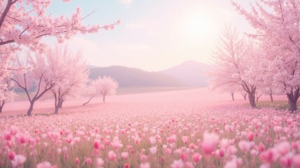 Fototapeta premium Serene Spring Landscape With Cherry Blossoms and Tulip Fields