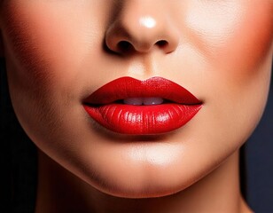 Fototapeta premium Close-up view of a woman’s lips with bold red lipstick against a dark background