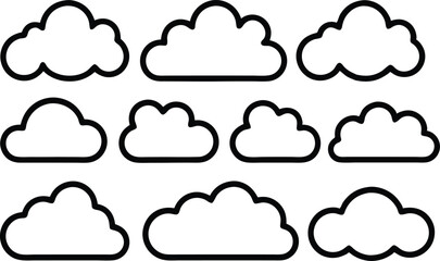Obraz premium Nine Simple Cloud Icons Outline, White, Weather Symbols