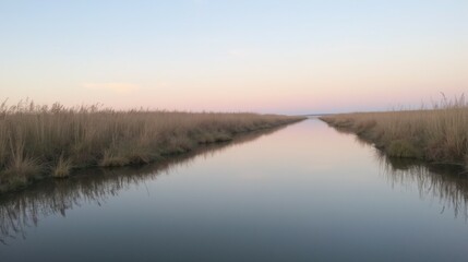Obraz premium Serene Marshland Reflections at Dusk Over Still Waterway