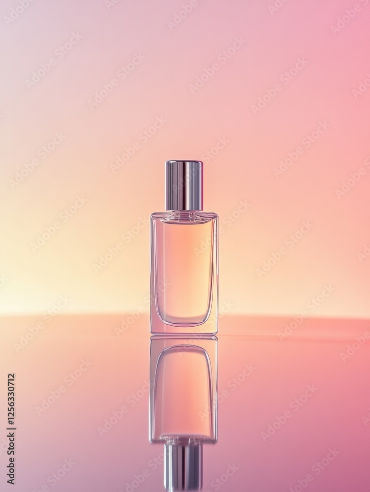 Poster sleek cosmetic bottle on reflective surface with clean pastel background for elegant branding and ma