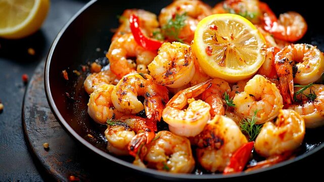 Collection of Footage "Shrimps roasted in a pan with lemon and garlic on a dark rustic background"