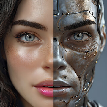 bella donna cyborg androide con met&agrave; del viso umano e met&agrave; composto da metallo,  Beautiful android cyborg woman with half human face and half made of metal