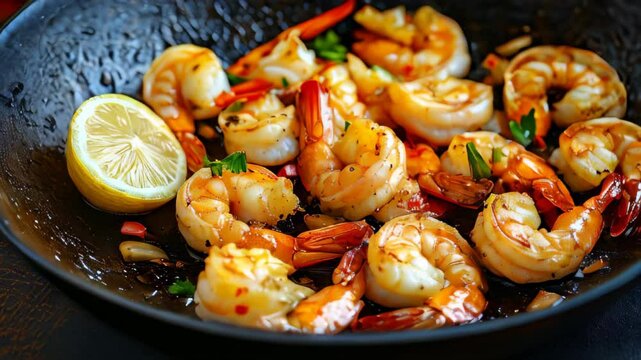 Collection of Footage "Shrimps roasted in a pan with lemon and garlic on a dark rustic background"
