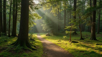 Obraz premium Sunlight Streaming Through Lush Green Forest With Tranquil Pathway