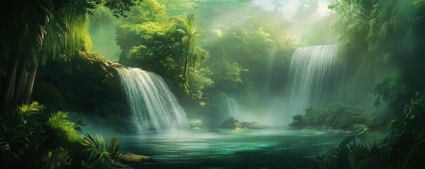 Serene tropical waterfalls cascading into lush green jungle pool