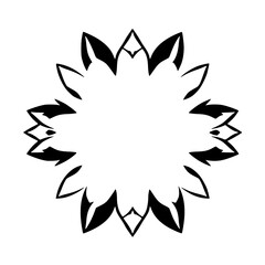Symbolic Sunflower-like Black & White Ornamental Design, Floral Pattern, symmetrical arrangement.