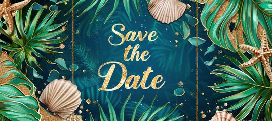 Tropical Save the Date Card with Palm Leaves and Seashells for Beach Wedding Design