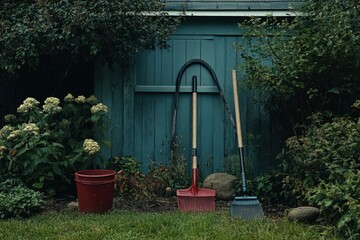 Gardening tools and bucket leaning against shed in a backyard setting, ready for garden and yard work