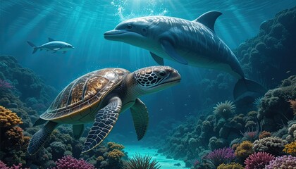 Endangered Species, Marine Life, and Wildlife Rescue - Dolphin, Whale, and Turtle in the Ocean with Coral Reef, Animal Shelter, and Exotic Animals in Nature for Conservation Efforts