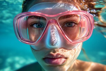 Naklejka premium Close-up portrait of a young woman with pink diving mask exploring turquoise sea underwater