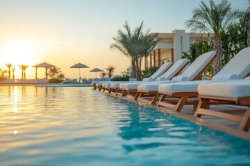 Obraz premium Empty white sun loungers by a luxurious resort swimming pool at sunrise, offering a tranquil and inviting vacation experience