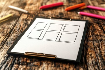 Storyboard template with blank squares on wooden surface with colored pencils