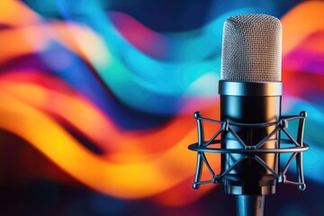 Close-up of microphone with colorful blurred background for creative audio projects