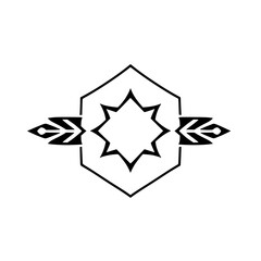 Symmetrical black and white illustration featuring a star in a hexagon, with a stylized leaf on each side.