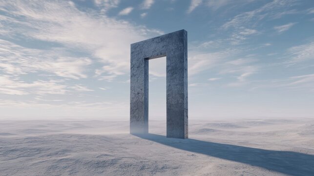 Large, rectangular structure made of concrete or stone, standing in the middle of a vast, barren landscape. the structure appears to be an arch or a doorway, with a smooth, polished surface.