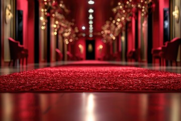 Luxurious red carpet hallway with elegant lighting in grand interior