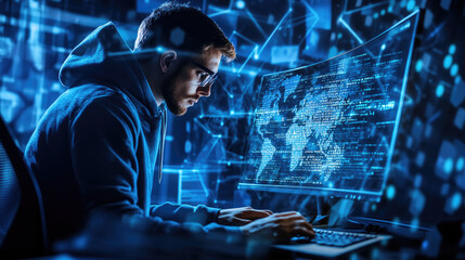 A focused individual working on a computer amidst a digital data environment.