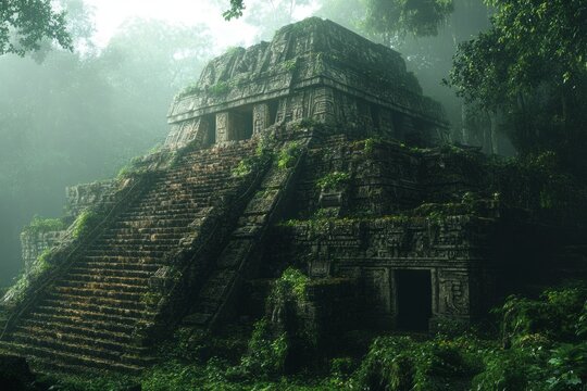 Stone steps lead to the top of a pyramid, shrouded in mist and overgrown with jungle vegetation