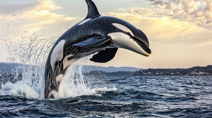 Majestic orca breaching the ocean surface at sunset, showcasing its power and grace