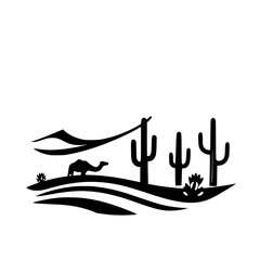 Silhouette of a lone camel walking through a desert landscape with cacti under a stylized mountain.
