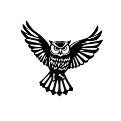 Black and White Owl silhouette with wings spread wide, minimalist illustration.