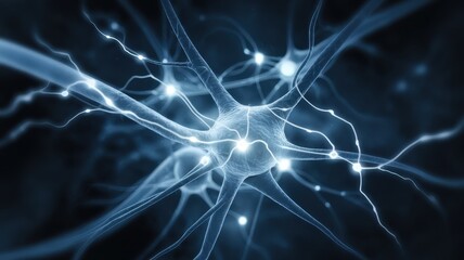 Fototapeta premium A striking representation of a neuron illuminated in blue tones, symbolizing connectivity in the nervous system and highlighting its intricate structure.