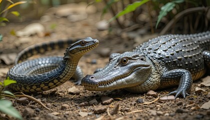 Naklejka premium Snake and Alligator in the Wild - Safari Animals, Wildlife, Endangered Species, Exotic Animals, Animal Shelter, and Animal Print in Nature for Wildlife Conservation Efforts