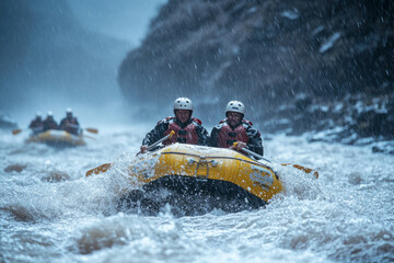 Two rafting guides navigate a dinghy through river rapids in heavy rain, providing an exhilarating adventure