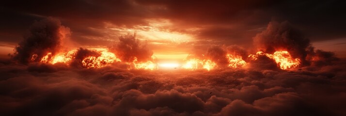 Fighter jets in action amid explosive skies at sunset