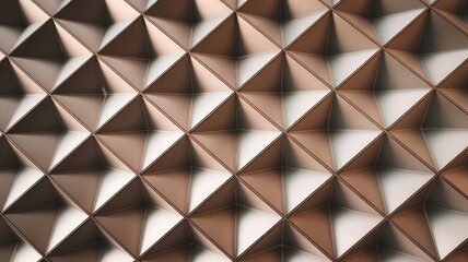 Fototapeta premium Geometric wall pattern featuring 3D triangular shapes, creating a captivating visual texture and depth in a blend of warm neutral tones.