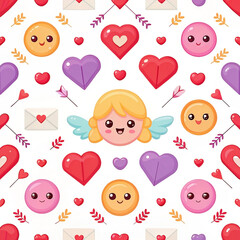 Cute Cupid Valentine's Day seamless pattern, hearts, background, digital design