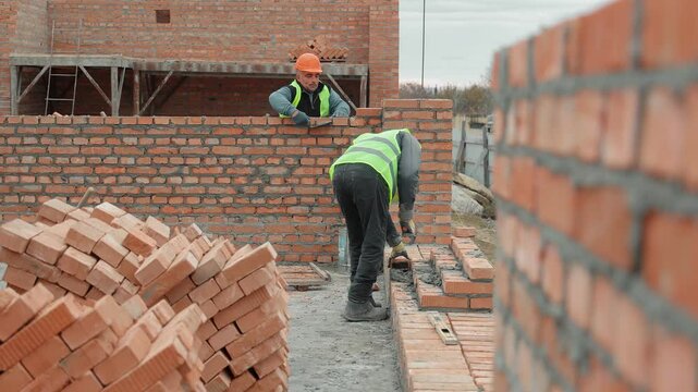 Construction workers building brick wall. Two construction workers in safety gear build a brick wall at a construction site, with tools and stacked bricks visible.