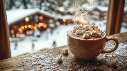 Cozy hot chocolate moment at a ski lodge retreat