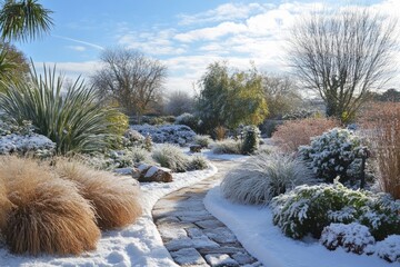 Snow-covered garden path winding through frosty plants and shrubs on a bright winter day