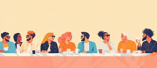 Diverse group of friends enjoying a vibrant brunch gathering at a long table, smiling