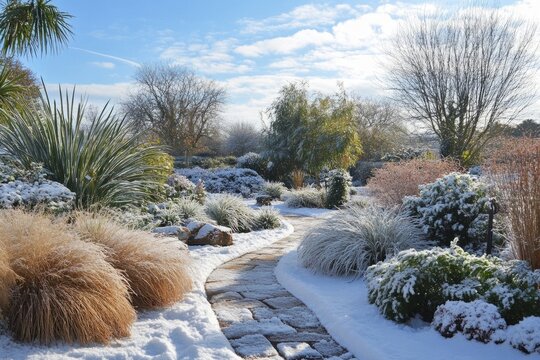 Snow-covered garden path winding through frosty plants and shrubs on a bright winter day